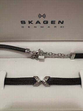 Women’s Skagen Black Mesh Necklace with Crystal X Charm